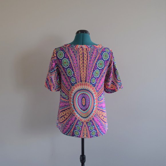 100% Silk Brightly Coloured Patterned Short Sleeve Summer Blouse - Picture 5 of 8